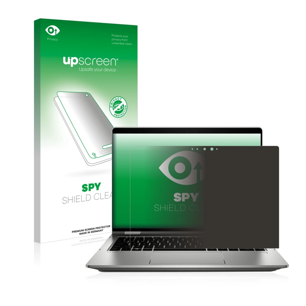 Face avant d’un emballage produit avec le logo de la marque upscreen. À côté, l’appareil HP ProBook x360 435 G7 est représenté