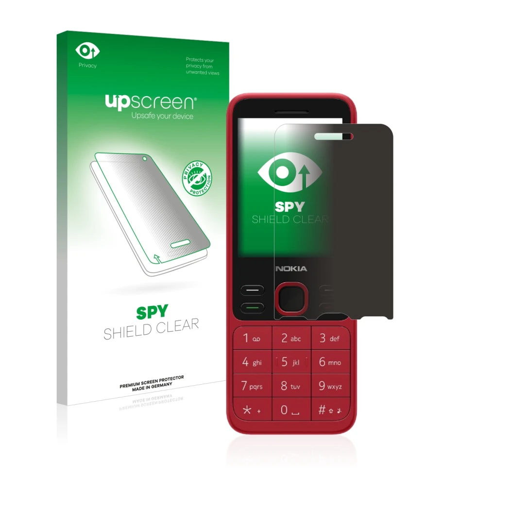 Face avant d’un emballage produit avec le logo de la marque upscreen. À côté, l’appareil Nokia 150 2020 est représenté avec la