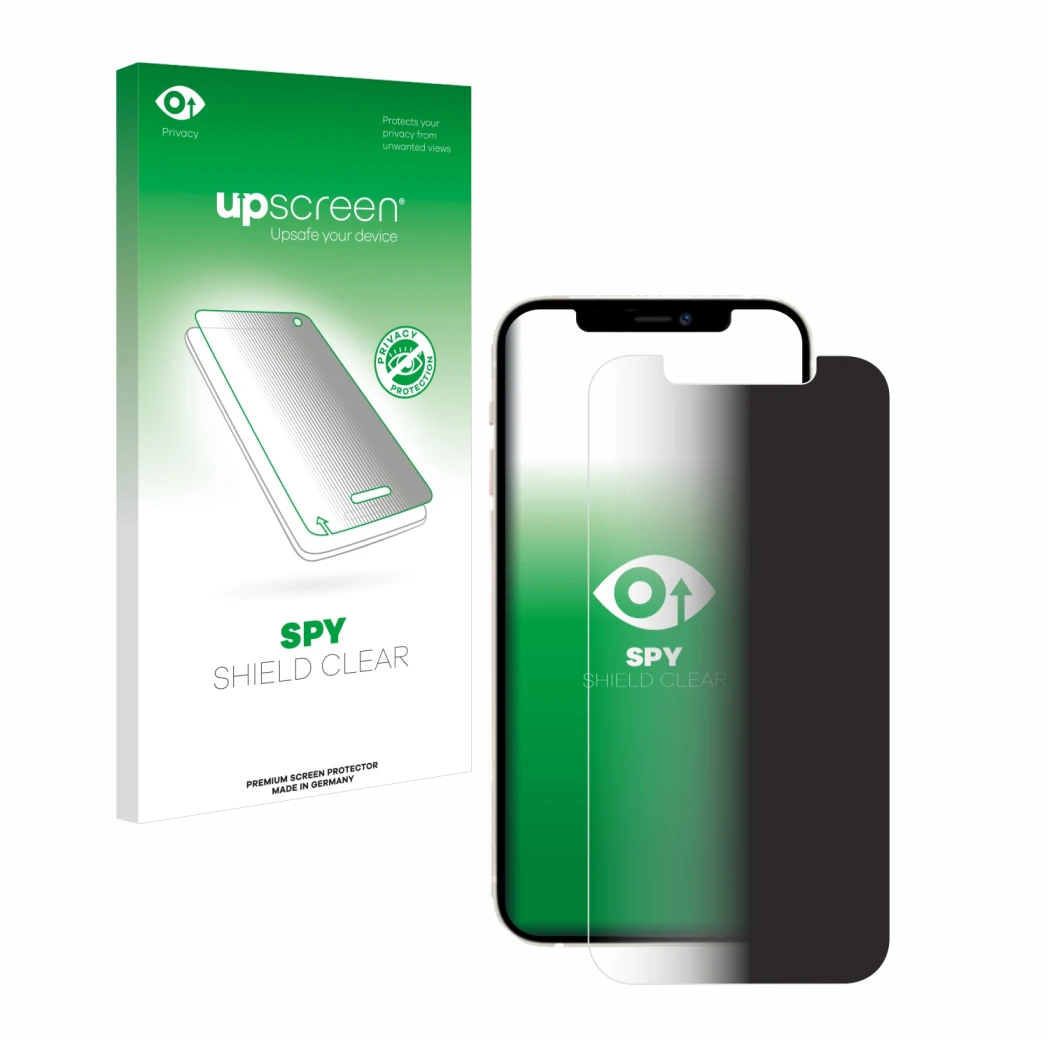 Face avant d’un emballage produit avec le logo de la marque upscreen. À côté, l’appareil Apple iPhone 12 est représenté avec l