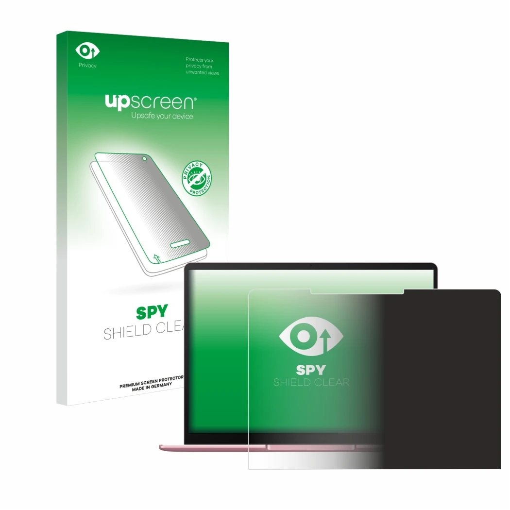 Face avant d’un emballage produit avec le logo de la marque upscreen. À côté, l’appareil Huawei MateBook 13 2020 est représent