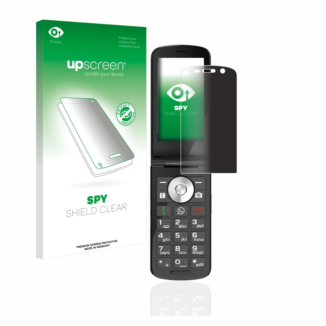 Face avant d’un emballage produit avec le logo de la marque upscreen. À côté, l’appareil Emporia TOUCHsmart est représenté ave