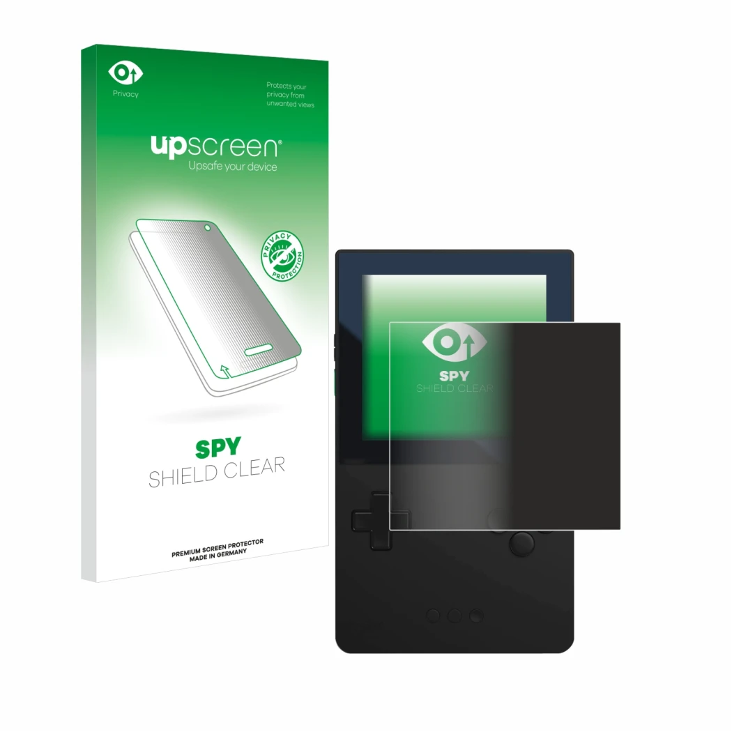 Face avant d’un emballage produit avec le logo de la marque upscreen. À côté, l’appareil Analogue Pocket est représenté avec l