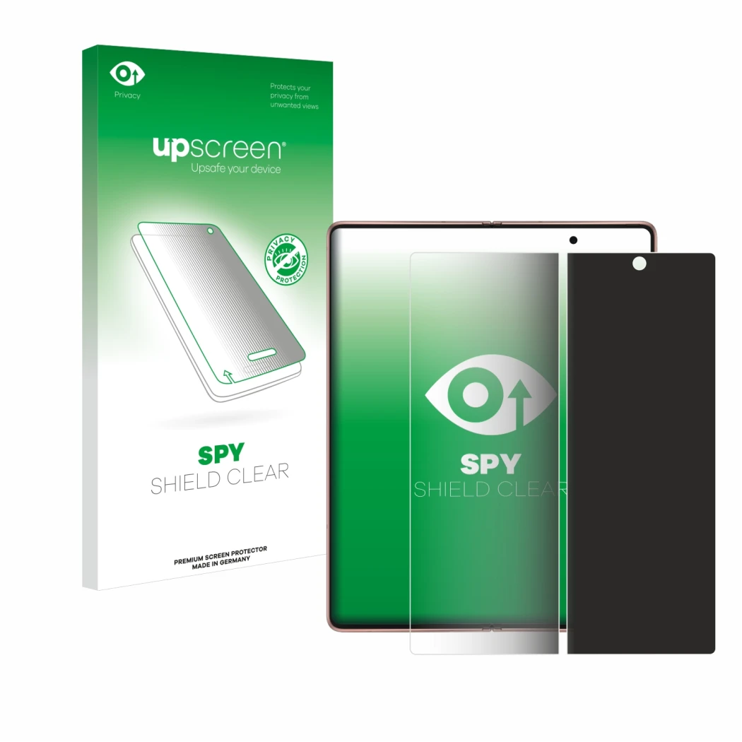 Face avant d’un emballage produit avec le logo de la marque upscreen. À côté, l’appareil Samsung Galaxy Z Fold 2 5G (Affichage