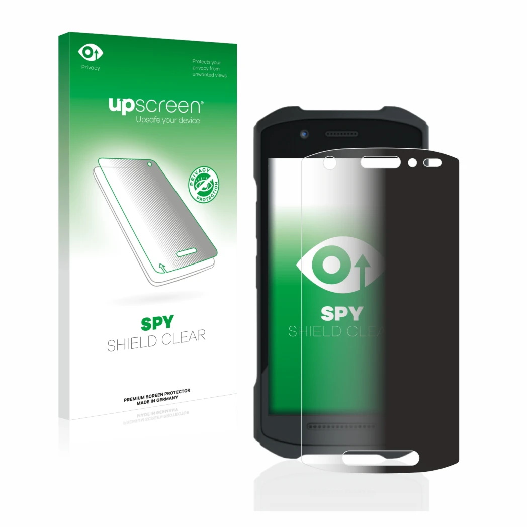 Face avant d’un emballage produit avec le logo de la marque upscreen. À côté, l’appareil Zebra TC21 est représenté avec la pro