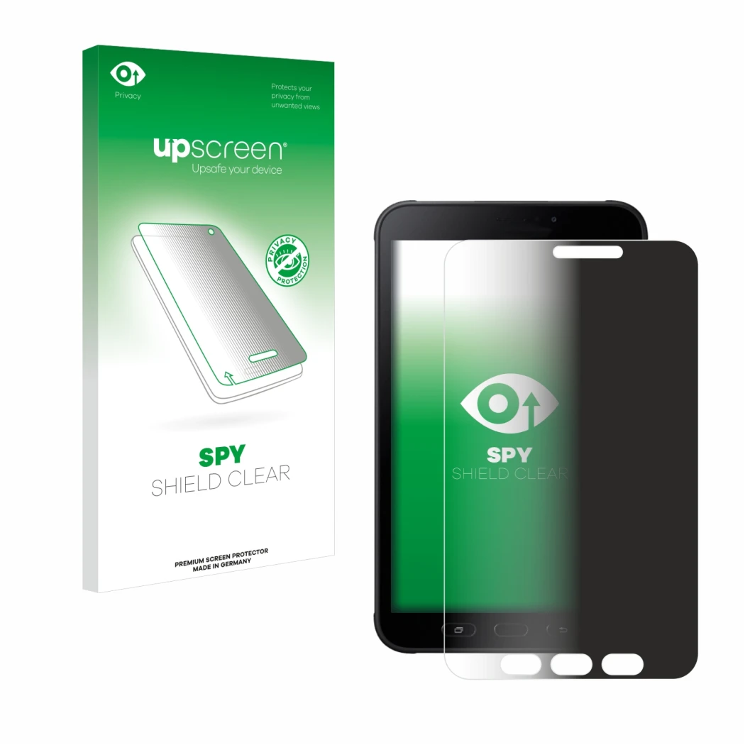 Face avant d’un emballage produit avec le logo de la marque upscreen. À côté, l’appareil Samsung Galaxy Tab Active 2 SM-T395 e