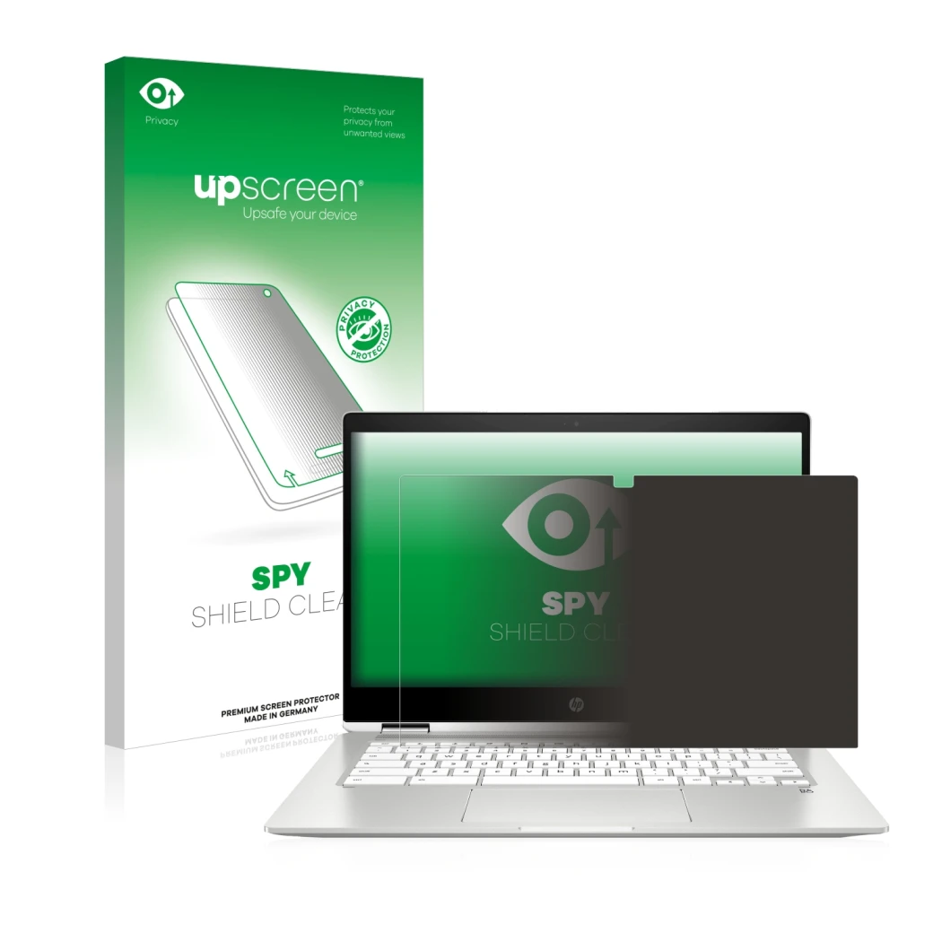 Face avant d’un emballage produit avec le logo de la marque upscreen. À côté, l’appareil HP Chromebook x360 (14b-caX) est repr