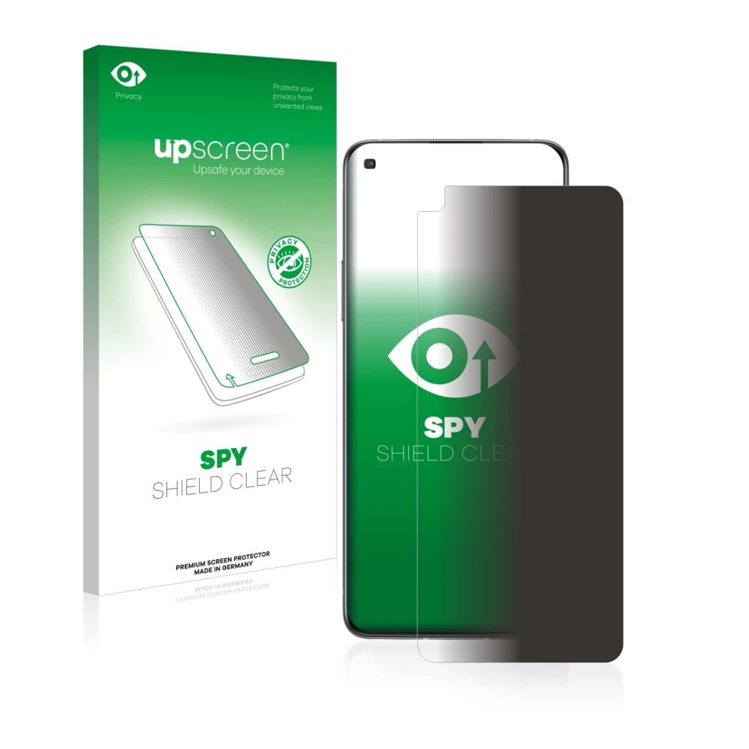 Face avant d’un emballage produit avec le logo de la marque upscreen. À côté, l’appareil OnePlus 8T est représenté avec la pro