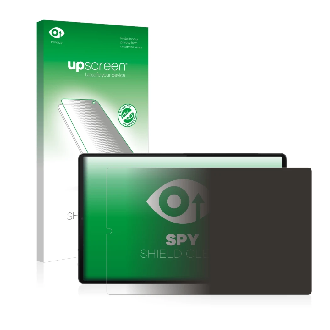 Face avant d’un emballage produit avec le logo de la marque upscreen. À côté, l’appareil Lenovo Tab M10 FHD Plus (en paysage) 