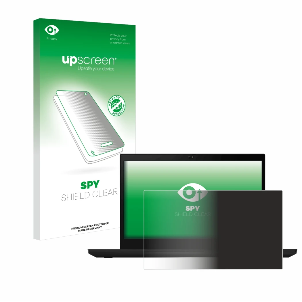 Face avant d’un emballage produit avec le logo de la marque upscreen. À côté, l’appareil Lenovo ThinkPad T14 Gen 1 est représe