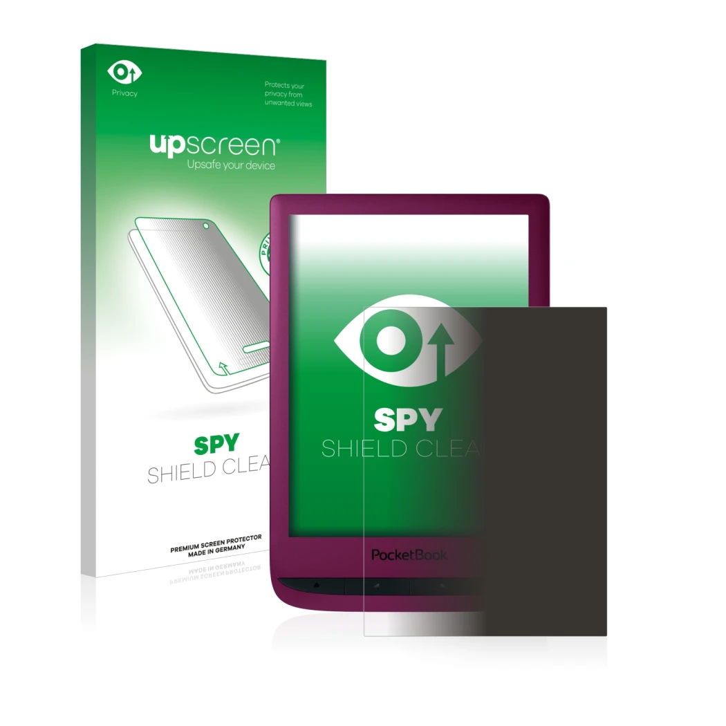 Face avant d’un emballage produit avec le logo de la marque upscreen. À côté, l’appareil PocketBook Touch Lux 5 est représenté