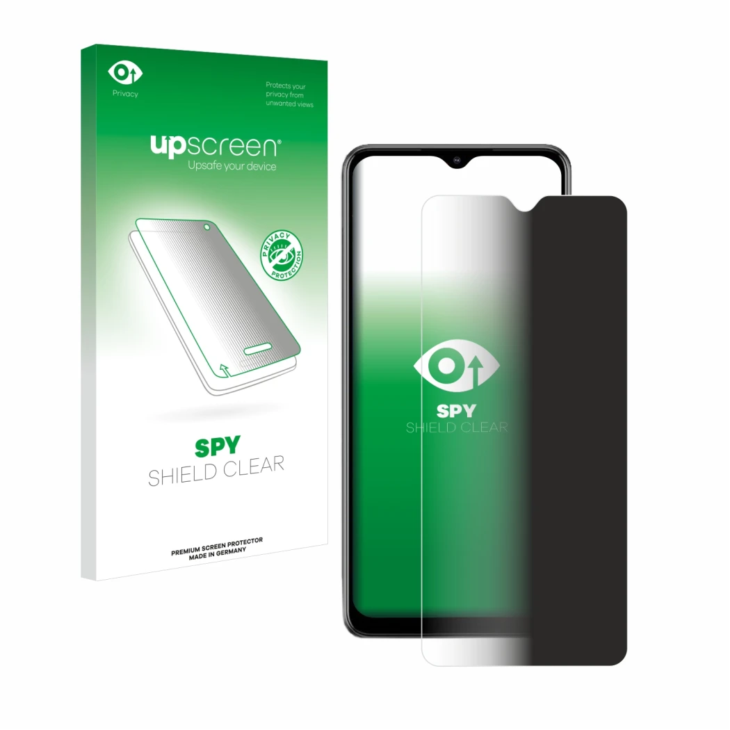 Face avant d’un emballage produit avec le logo de la marque upscreen. À côté, l’appareil Samsung Galaxy M12 est représenté ave