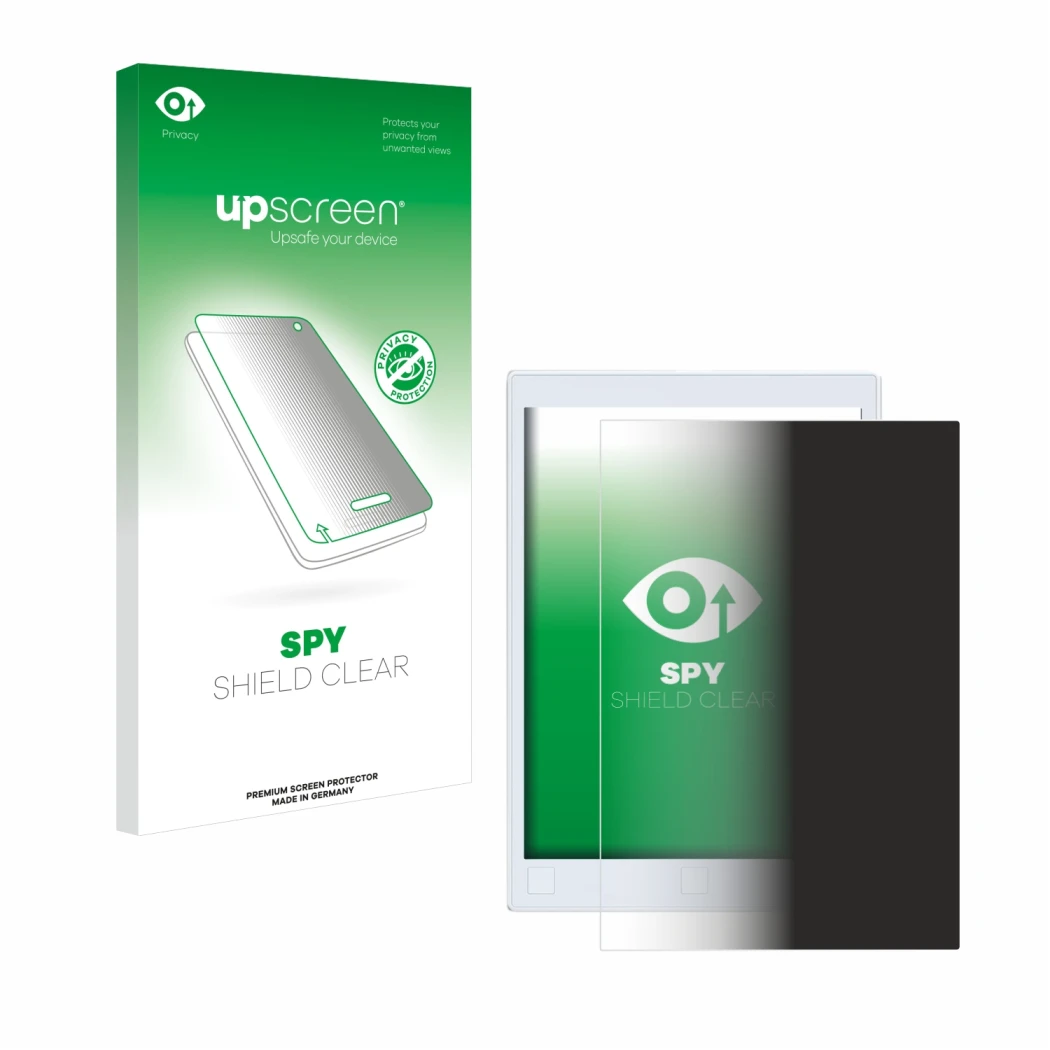 Face avant d’un emballage produit avec le logo de la marque upscreen. À côté, l’appareil reMarkable 2 est représenté avec la p