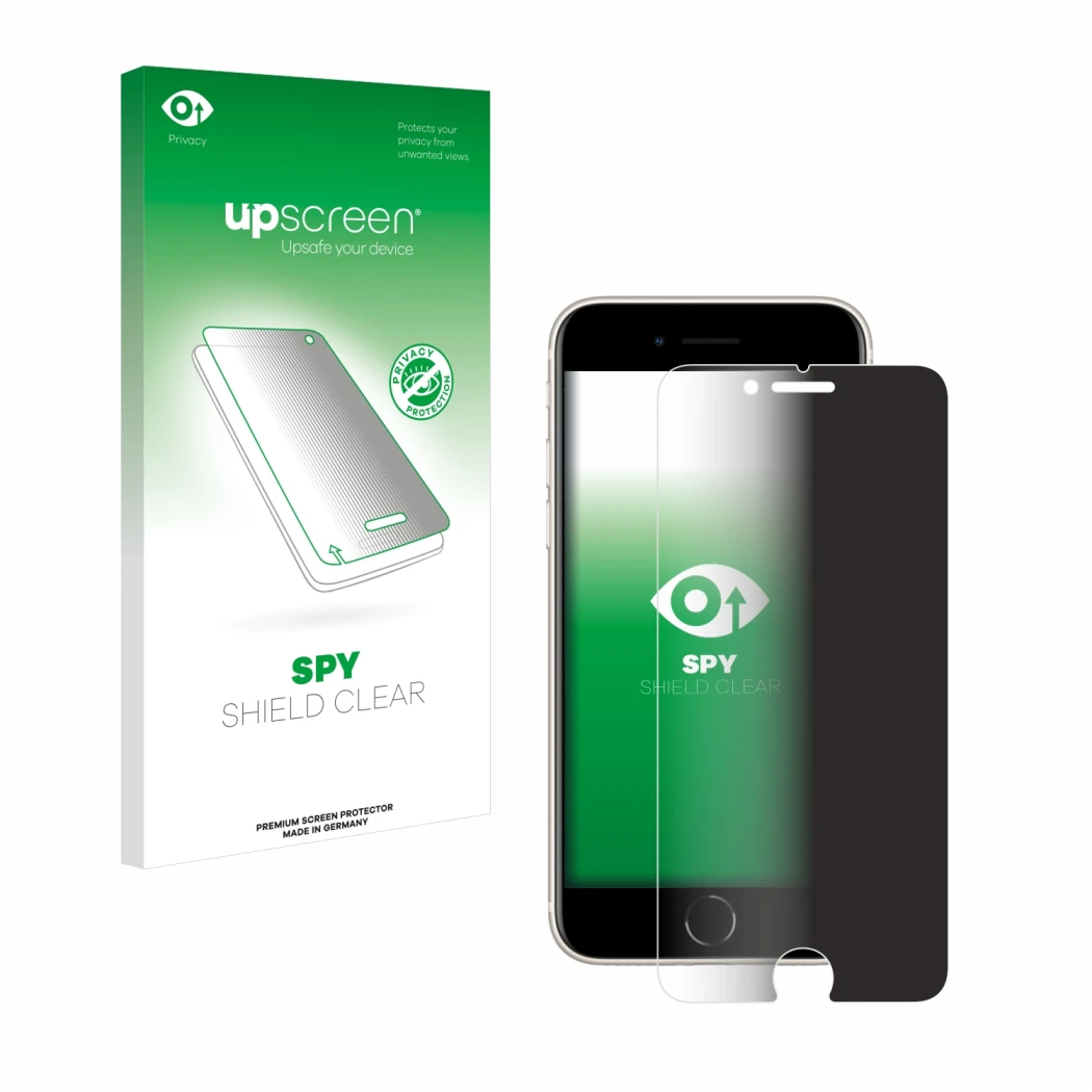 Face avant d’un emballage produit avec le logo de la marque upscreen. À côté, l’appareil Apple iPhone SE 3 2022 est représenté