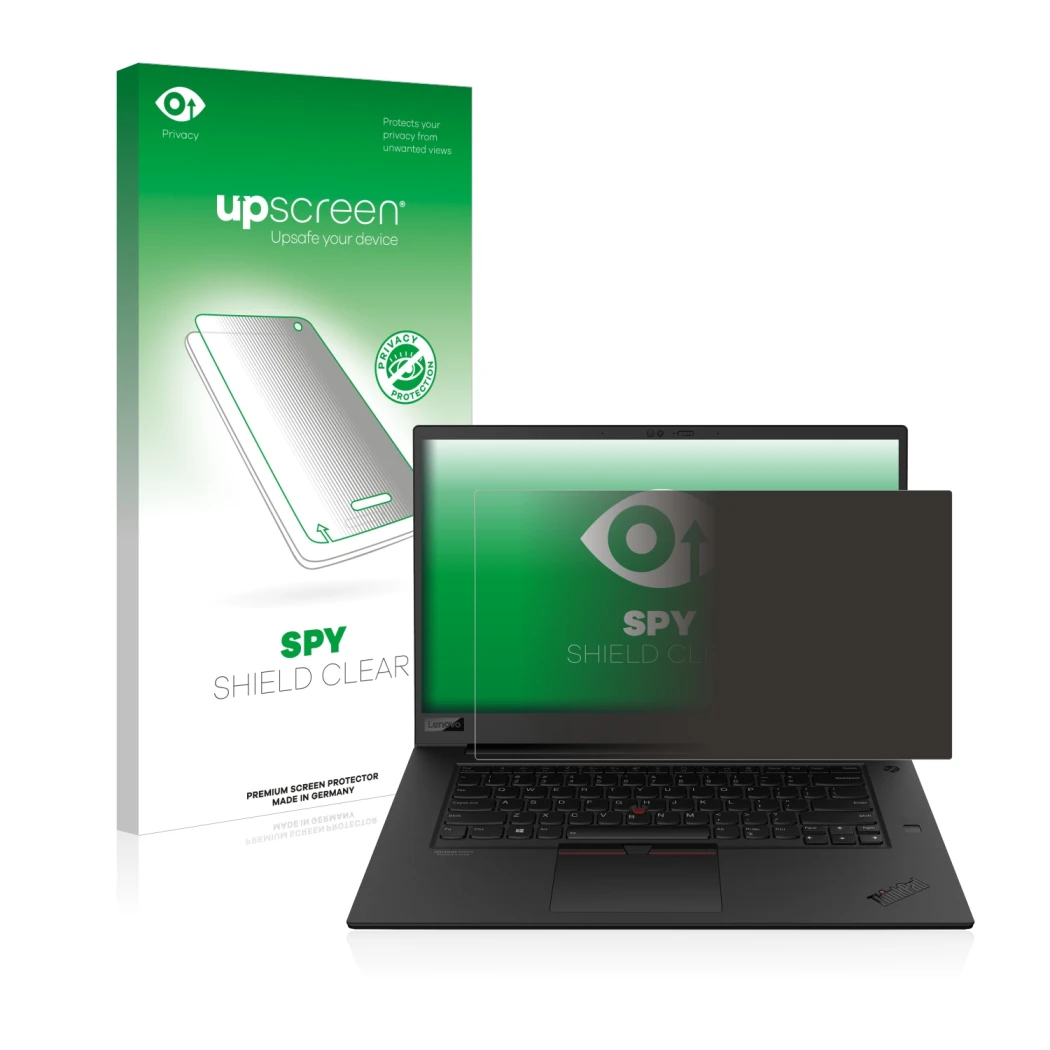 Face avant d’un emballage produit avec le logo de la marque upscreen. À côté, l’appareil Lenovo ThinkPad P1 Gen 3 est représen