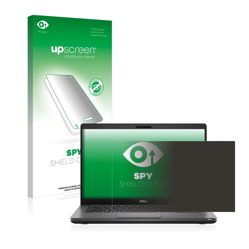 Face avant d’un emballage produit avec le logo de la marque upscreen. À côté, l’appareil Dell Latitude 5410 est représenté ave