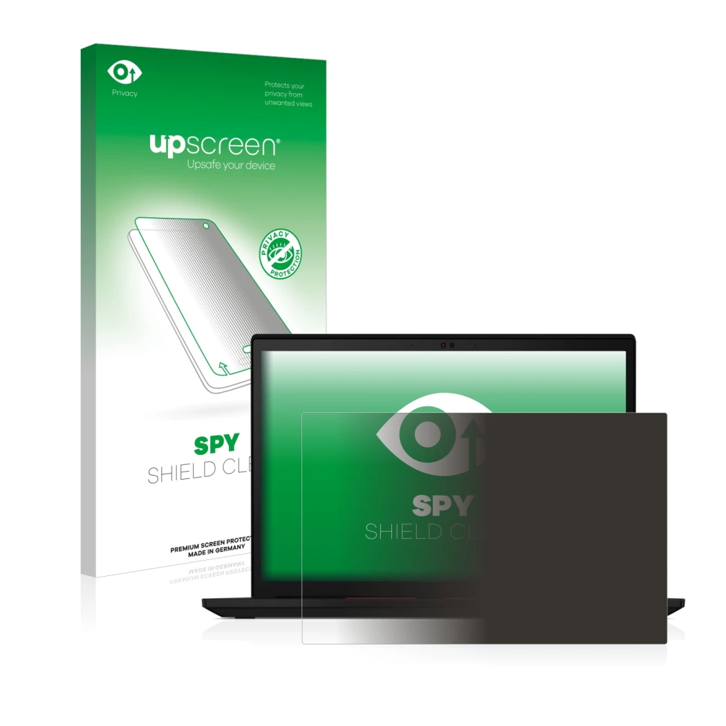 Face avant d’un emballage produit avec le logo de la marque upscreen. À côté, l’appareil Lenovo ThinkPad X13 Gen 2 est représe