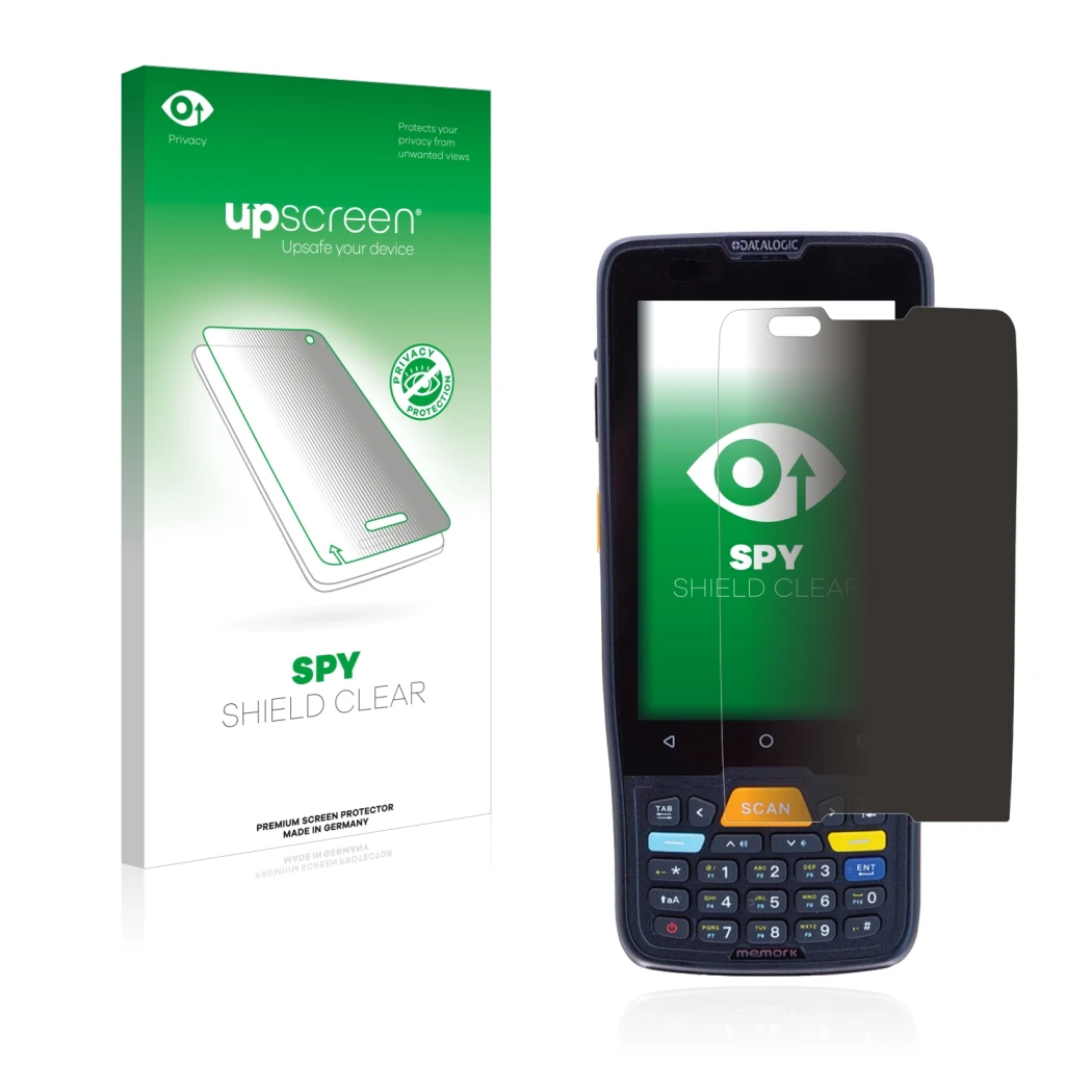 Face avant d’un emballage produit avec le logo de la marque upscreen. À côté, l’appareil Datalogic Memor K est représenté avec