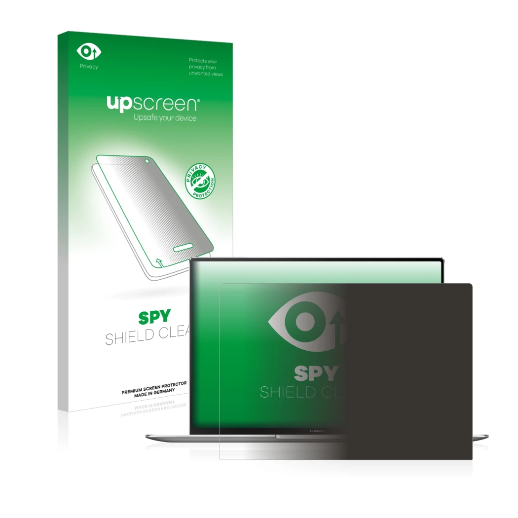 Face avant d’un emballage produit avec le logo de la marque upscreen. À côté, l’appareil Huawei MateBook X Pro 2021 est représ