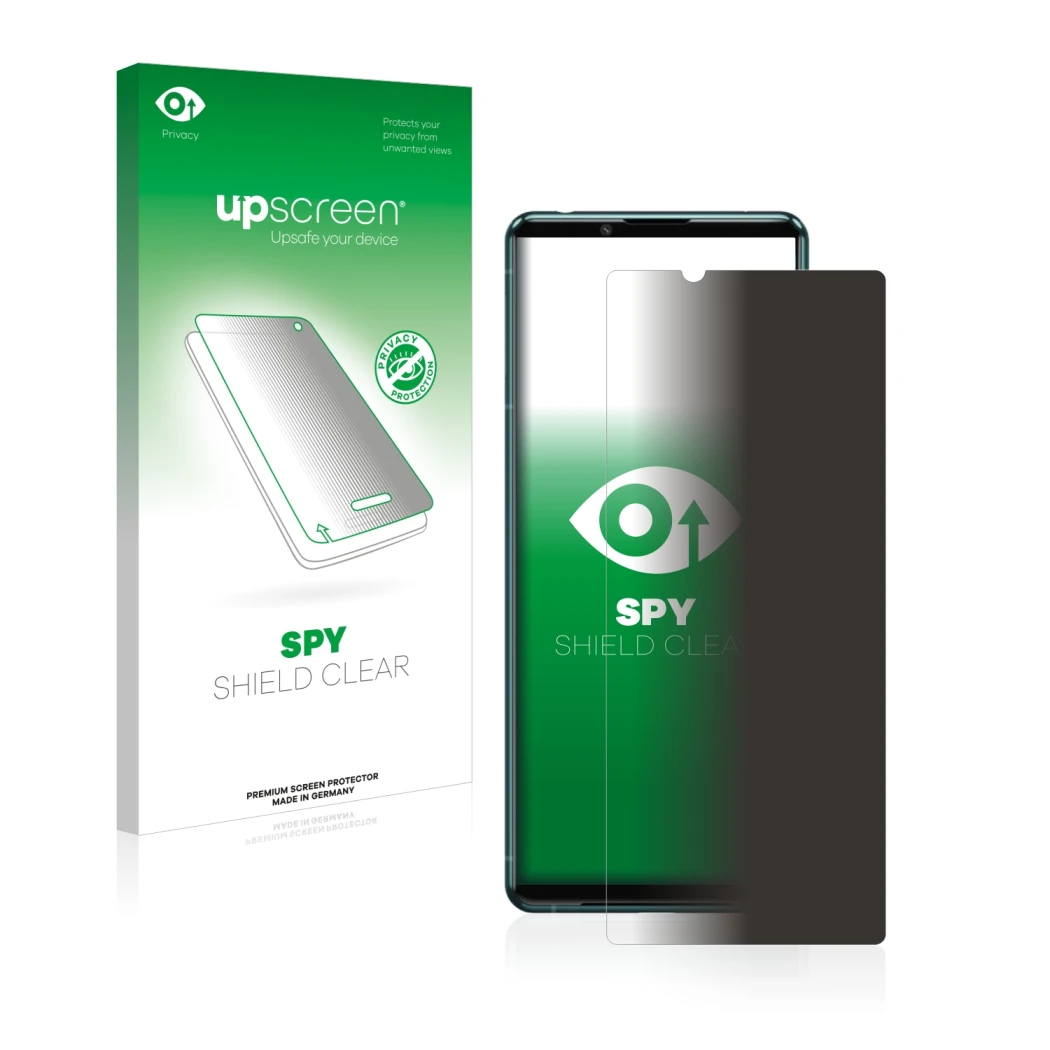 Face avant d’un emballage produit avec le logo de la marque upscreen. À côté, l’appareil Sony Xperia 5 III est représenté avec
