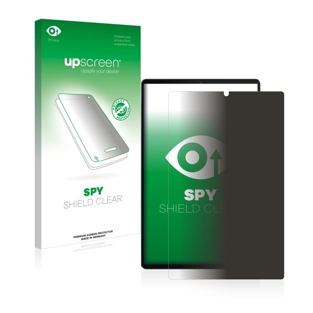 Face avant d’un emballage produit avec le logo de la marque upscreen. À côté, l’appareil Lenovo Tab M10 FHD Plus est représent