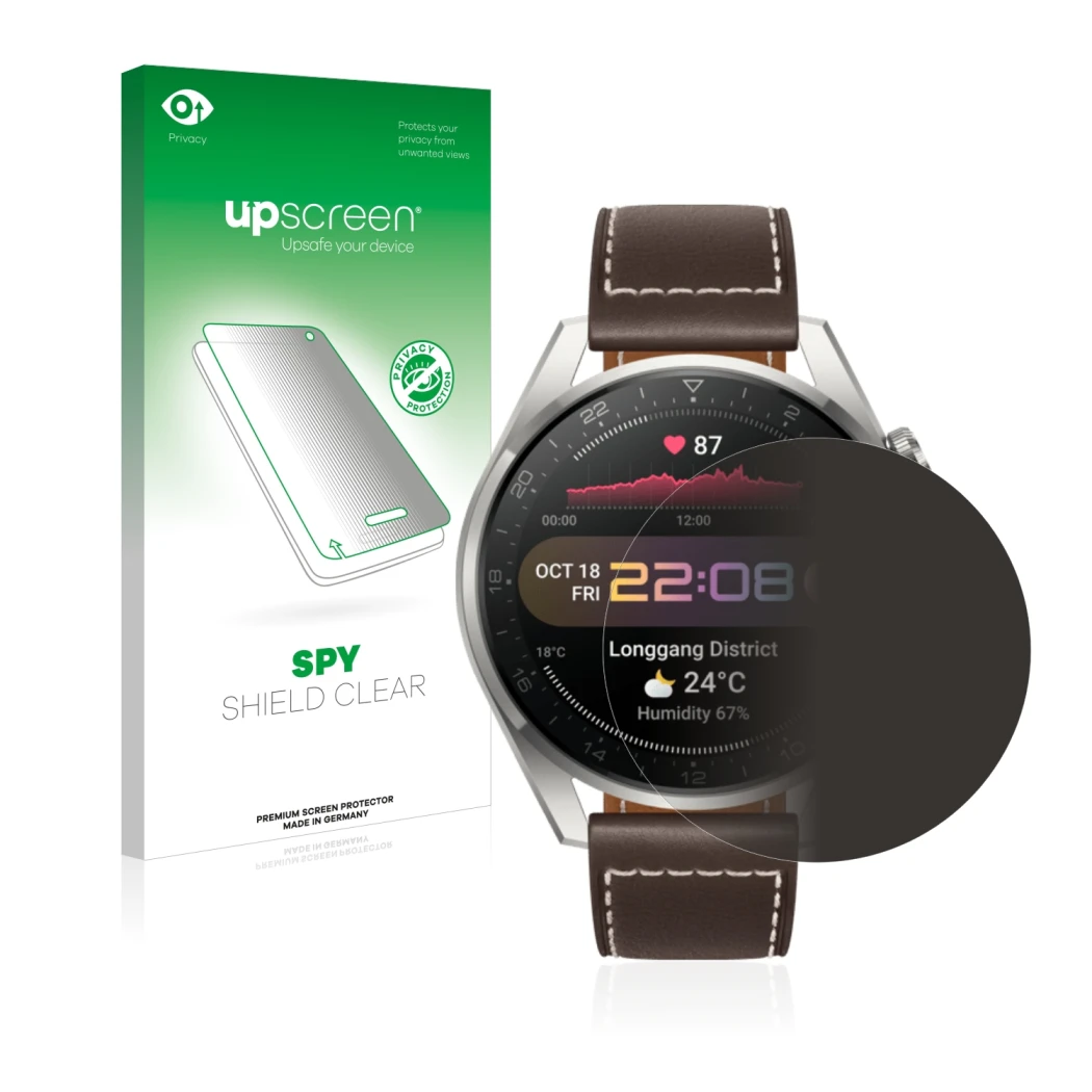 Face avant d’un emballage produit avec le logo de la marque upscreen. À côté, l’appareil Huawei Watch 3 Pro est représenté ave