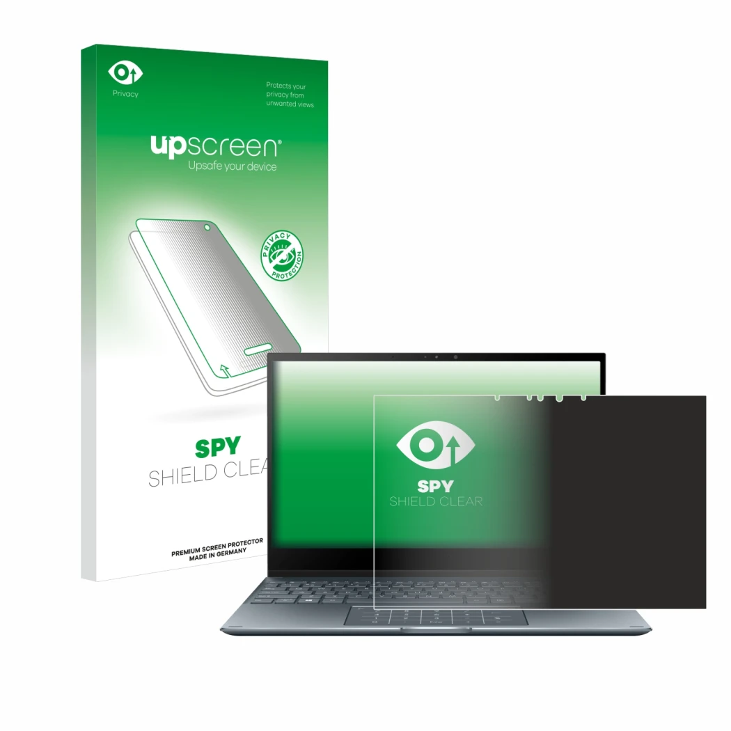 Face avant d’un emballage produit avec le logo de la marque upscreen. À côté, l’appareil ASUS ZenBook Flip 13 UX363EA est repr