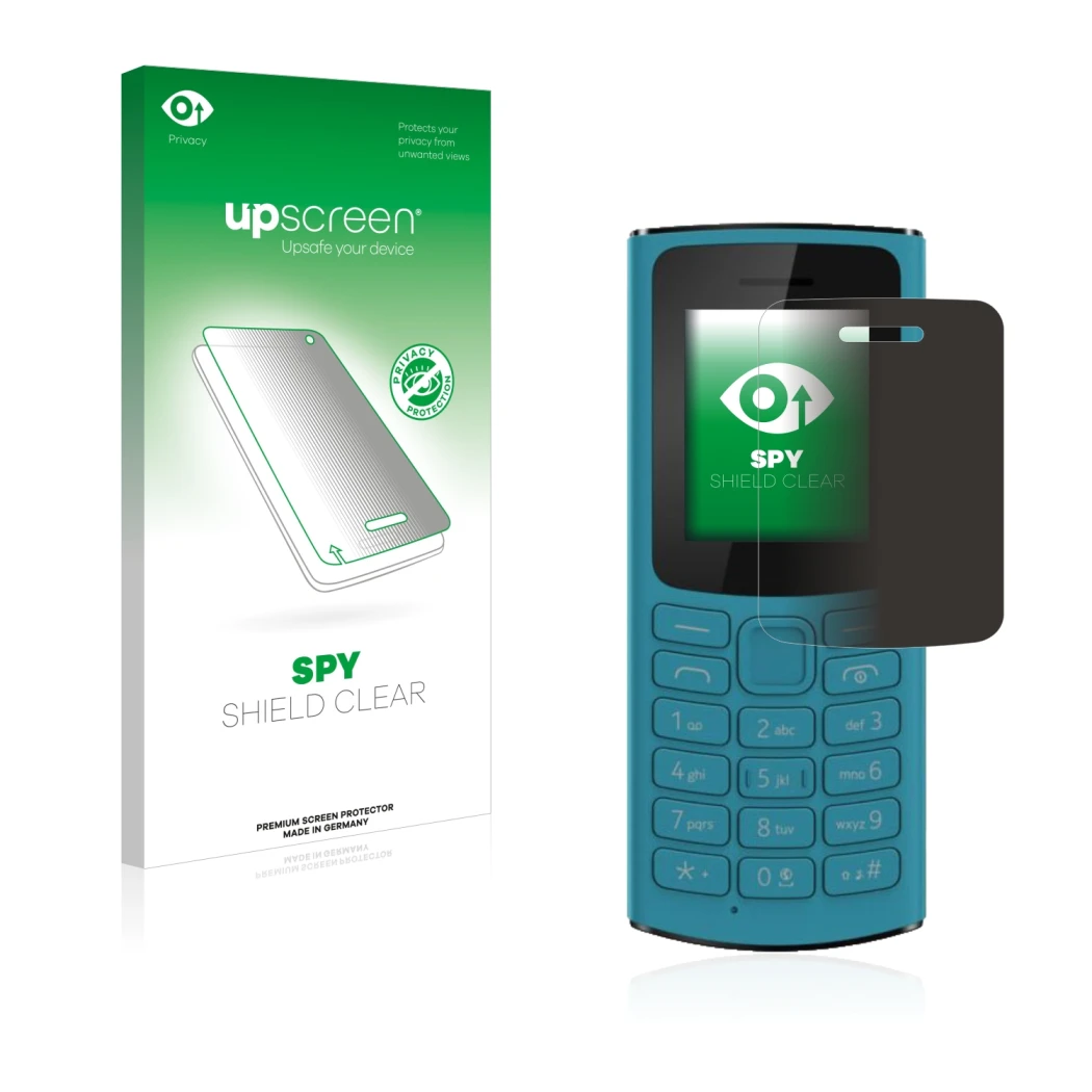 Face avant d’un emballage produit avec le logo de la marque upscreen. À côté, l’appareil Nokia 105 4G 2021 est représenté avec