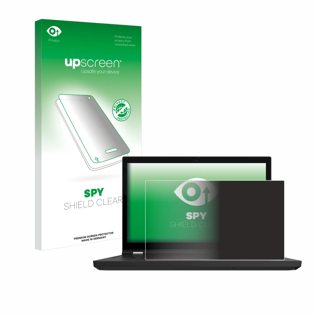 Face avant d’un emballage produit avec le logo de la marque upscreen. À côté, l’appareil Lenovo ThinkPad P15 Gen 2 est représe