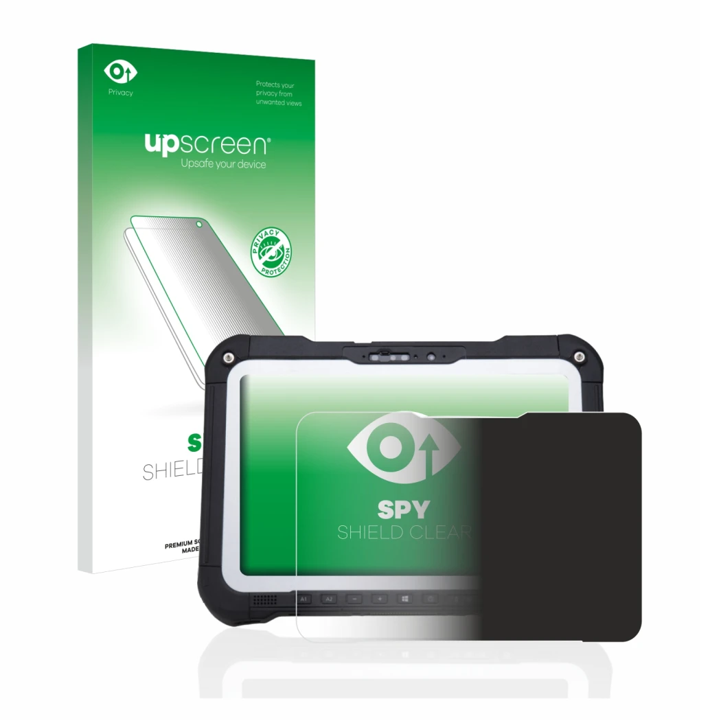 Face avant d’un emballage produit avec le logo de la marque upscreen. À côté, l’appareil Panasonic Toughbook FZ-G2 est représe