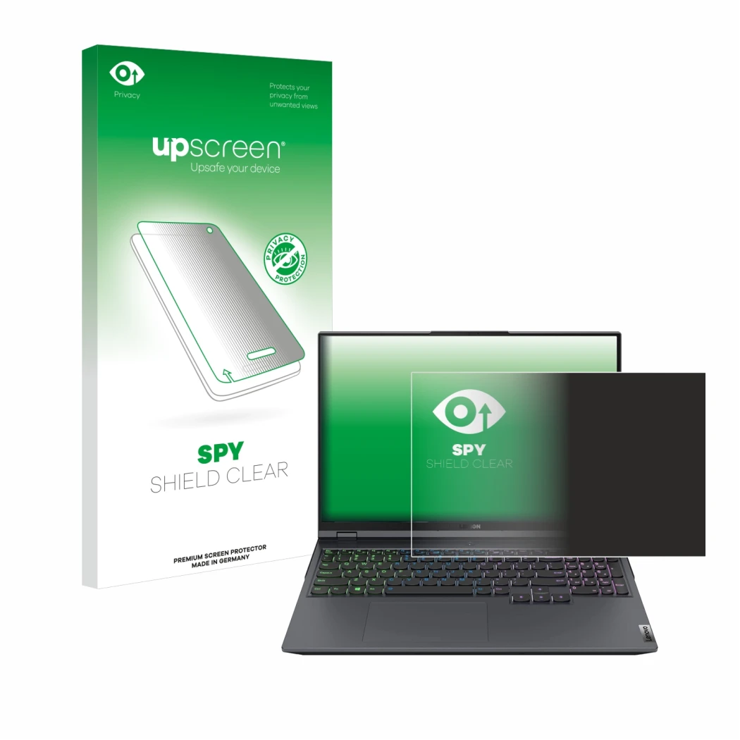 Face avant d’un emballage produit avec le logo de la marque upscreen. À côté, l’appareil Lenovo Legion 5 Pro est représenté av