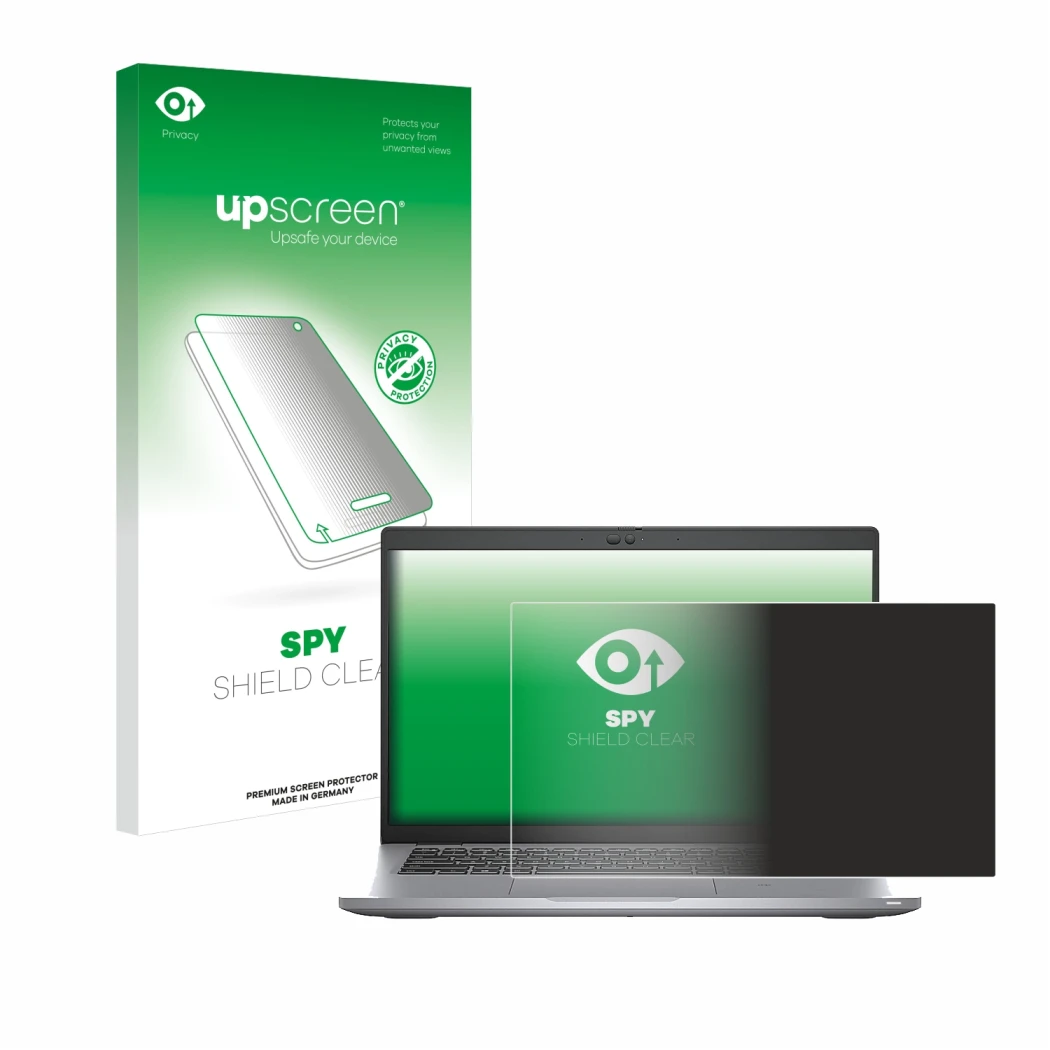 Face avant d’un emballage produit avec le logo de la marque upscreen. À côté, l’appareil Dell Latitude 5420 est représenté ave