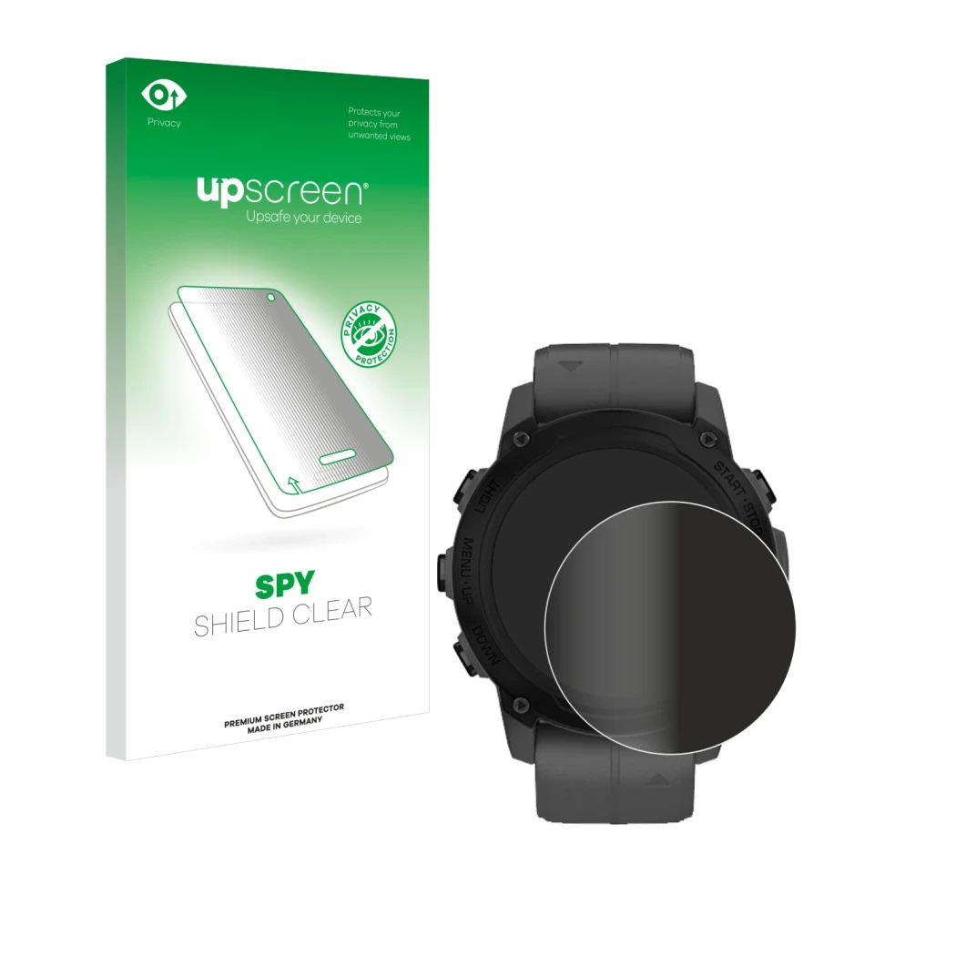Face avant d’un emballage produit avec le logo de la marque upscreen. À côté, l’appareil Garmin Descent G1 est représenté avec