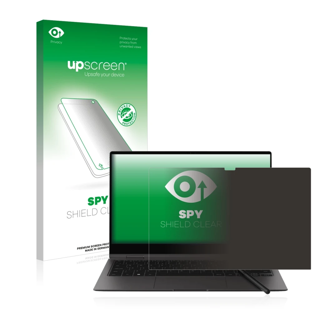 Face avant d’un emballage produit avec le logo de la marque upscreen. À côté, l’appareil Samsung Galaxy Book2 Pro 360 13.3