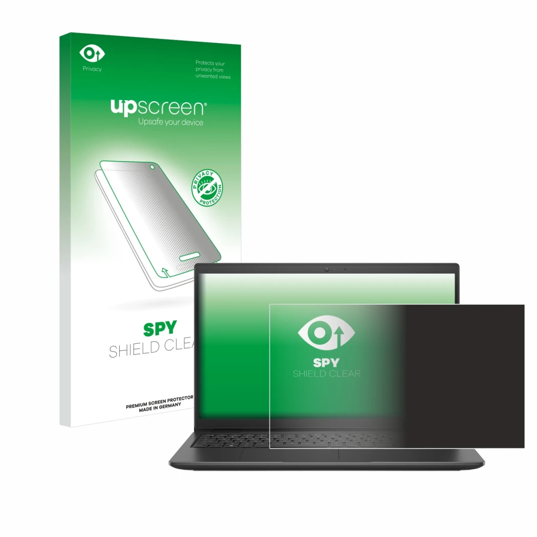 Face avant d’un emballage produit avec le logo de la marque upscreen. À côté, l’appareil Dell Latitude 3520 est représenté ave
