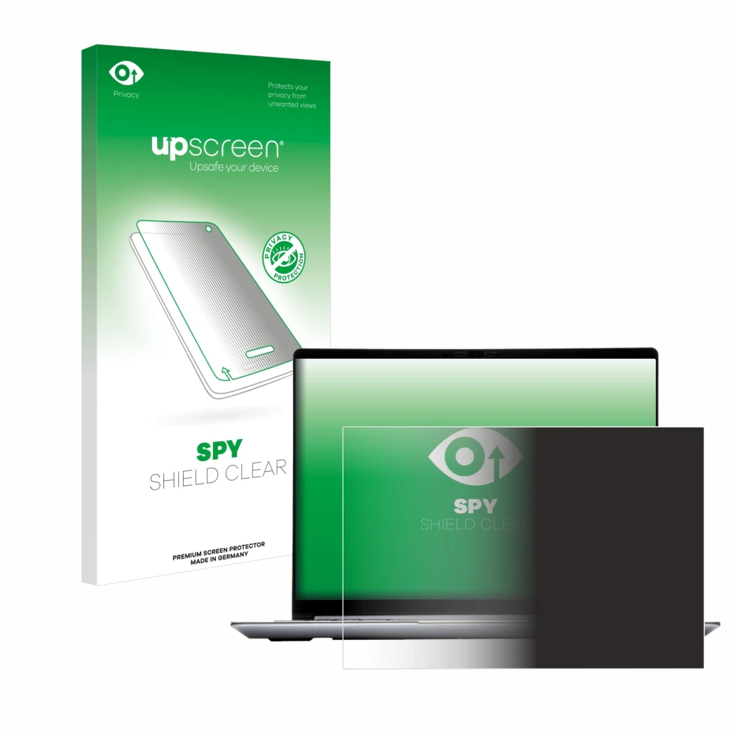 Face avant d’un emballage produit avec le logo de la marque upscreen. À côté, l’appareil Framework Laptop 13 est représenté av