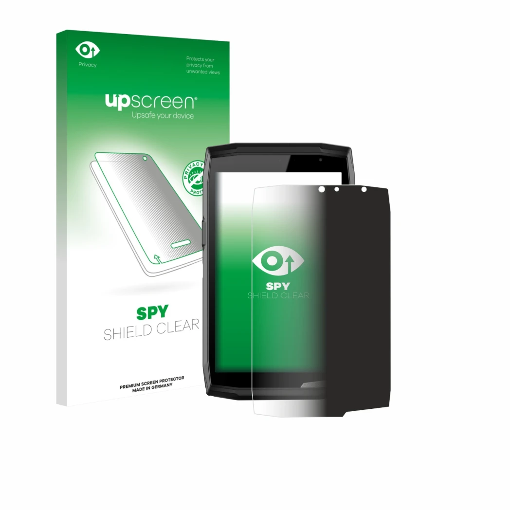 Face avant d’un emballage produit avec le logo de la marque upscreen. À côté, l’appareil Crosscall Core T5 est représenté avec