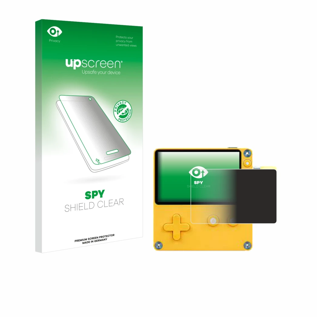 Face avant d’un emballage produit avec le logo de la marque upscreen. À côté, l’appareil Panic Playdate est représenté avec la