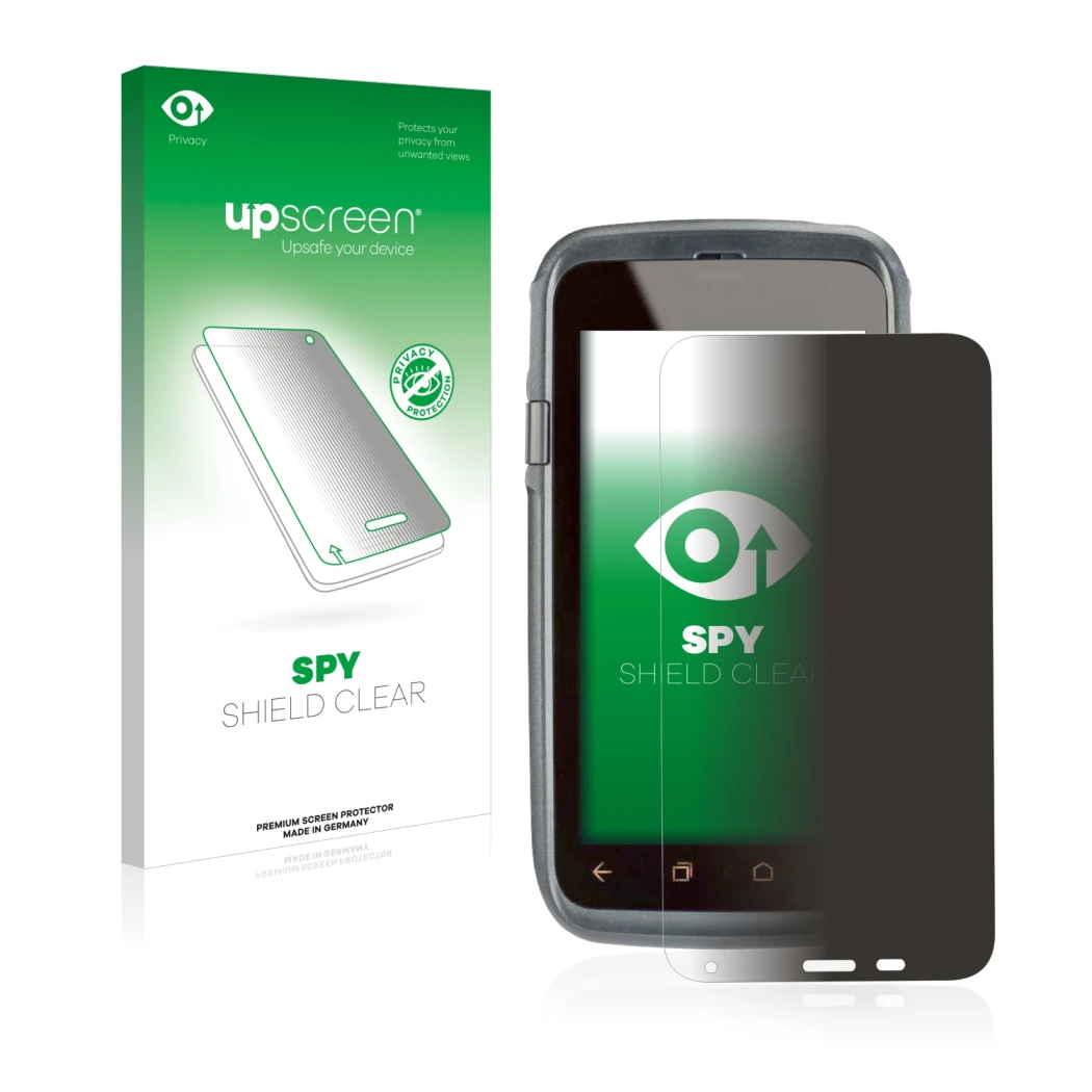 Face avant d’un emballage produit avec le logo de la marque upscreen. À côté, l’appareil Honeywell Dolphin CT60 XP est représe