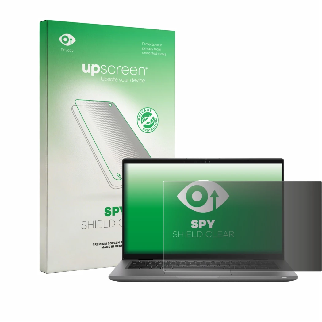 Face avant d’un emballage produit avec le logo de la marque upscreen. À côté, l’appareil Dell Latitude 14 7430 est représenté 