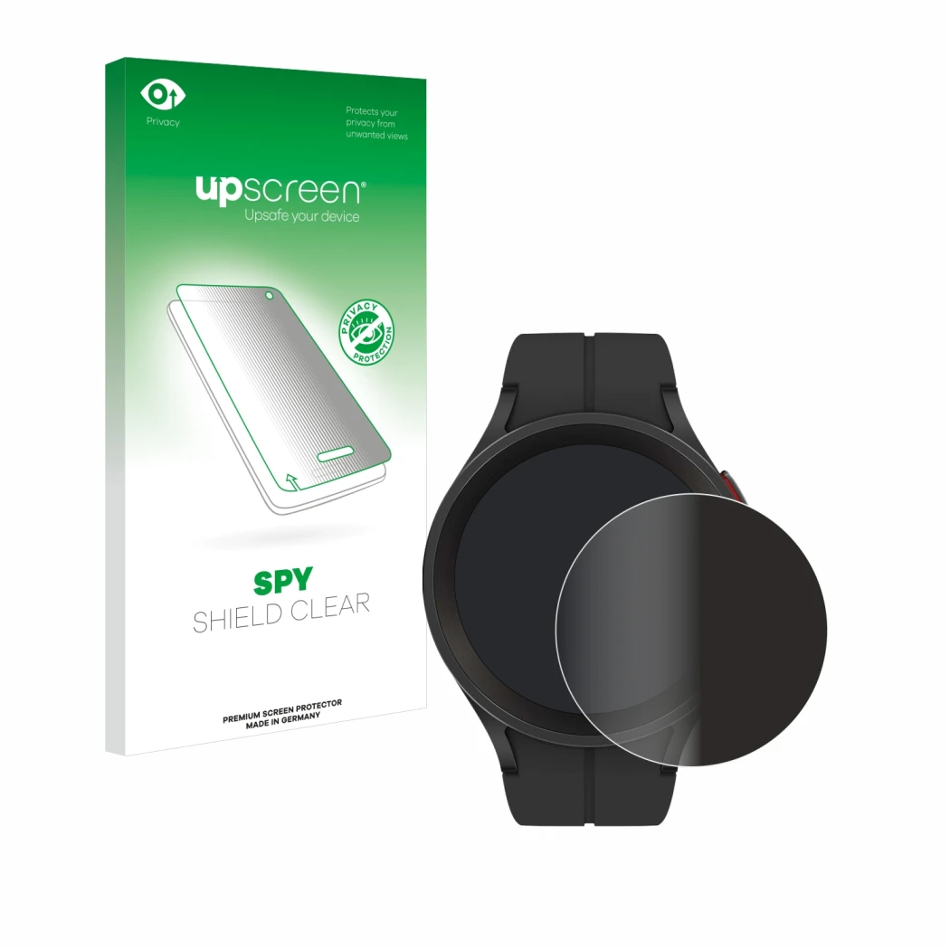 Face avant d’un emballage produit avec le logo de la marque upscreen. À côté, l’appareil Samsung Galaxy Watch 5 Pro est représ