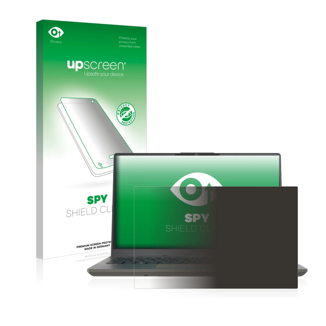 Face avant d’un emballage produit avec le logo de la marque upscreen. À côté, l’appareil Fujitsu Lifebook U7411 est représenté