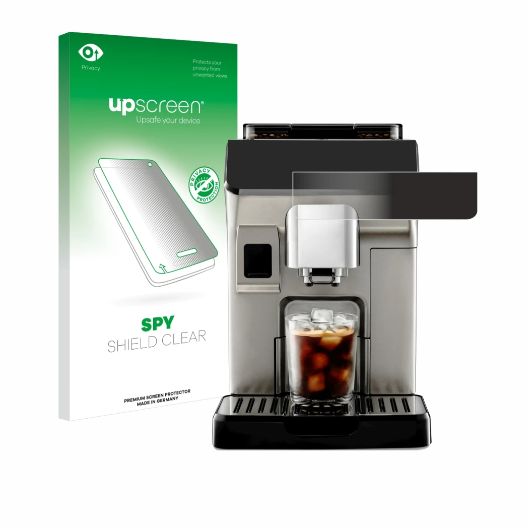 Face avant d’un emballage produit avec le logo de la marque upscreen. À côté, l’appareil DeLonghi Eletta Explore est représent