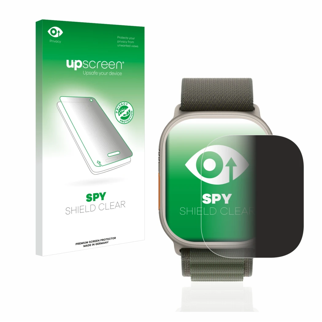 Face avant d’un emballage produit avec le logo de la marque upscreen. À côté, l’appareil Apple Watch Ultra (49 mm) est représe