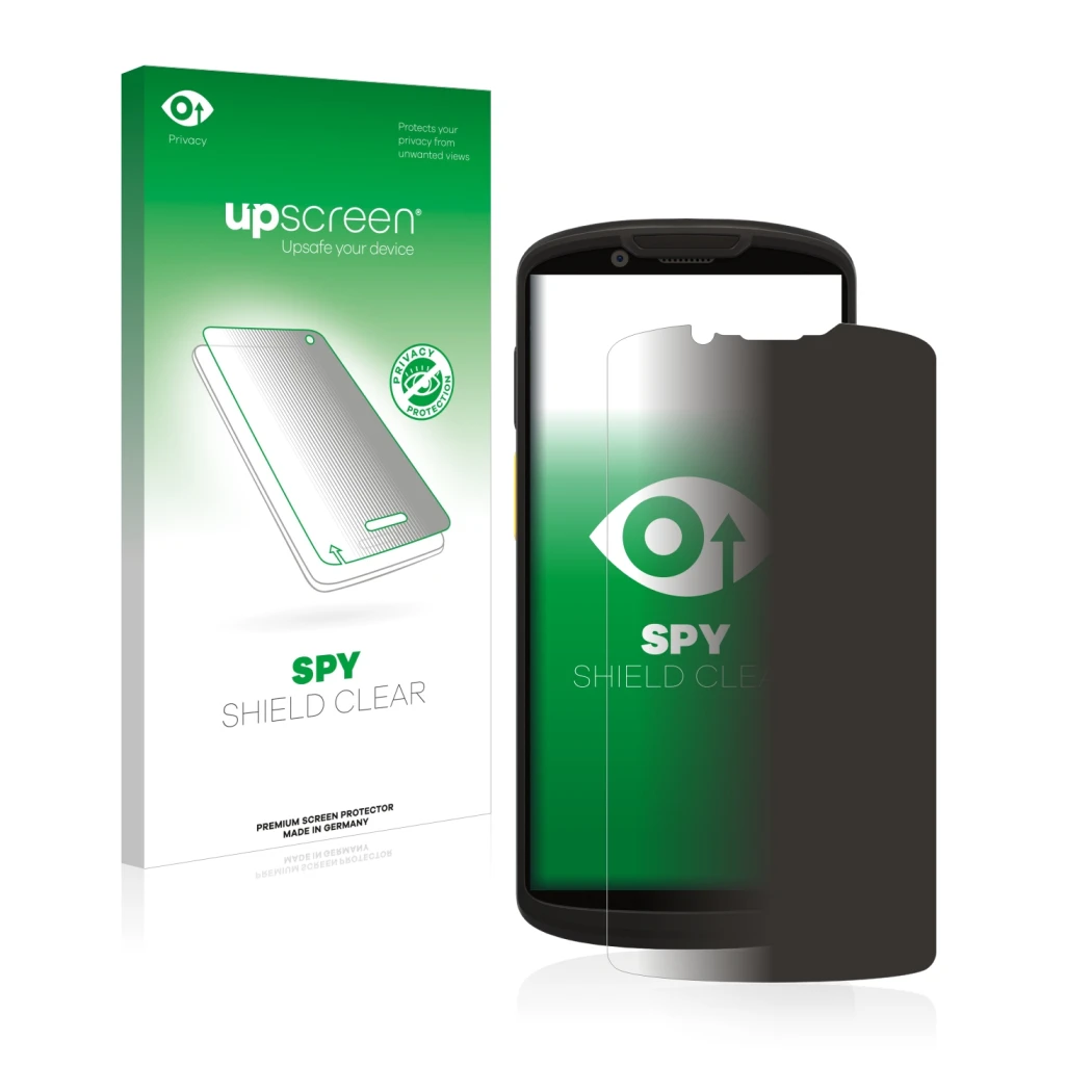 Face avant d’un emballage produit avec le logo de la marque upscreen. À côté, l’appareil Zebra TC58 est représenté avec la pro