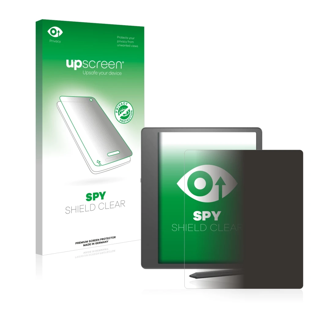 Face avant d’un emballage produit avec le logo de la marque upscreen. À côté, l’appareil Amazon Kindle Scribe est représenté a