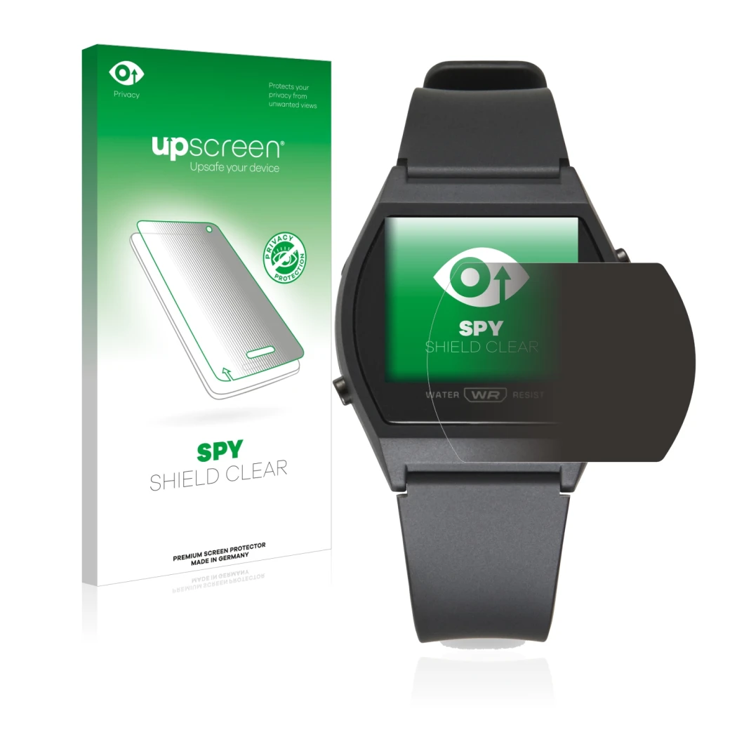 Face avant d’un emballage produit avec le logo de la marque upscreen. À côté, l’appareil Casio LW-204-1BEF est représenté avec