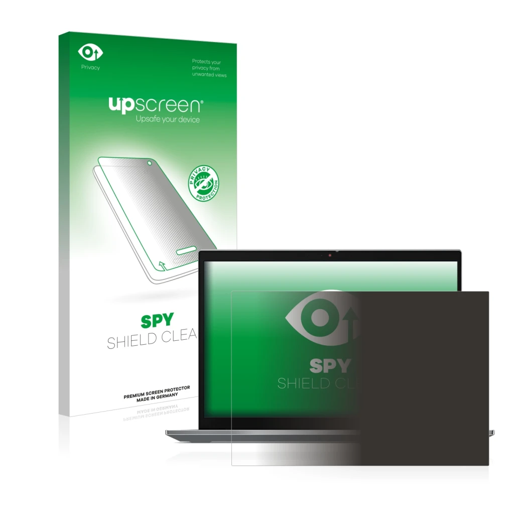 Face avant d’un emballage produit avec le logo de la marque upscreen. À côté, l’appareil Lenovo ThinkPad T14s Gen 3 est représ