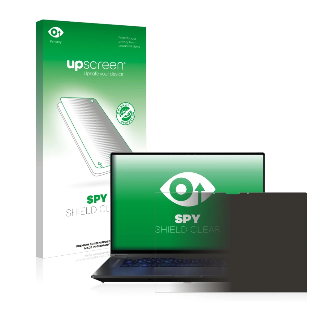 Face avant d’un emballage produit avec le logo de la marque upscreen. À côté, l’appareil ASUS ROG Flow X16 est représenté avec