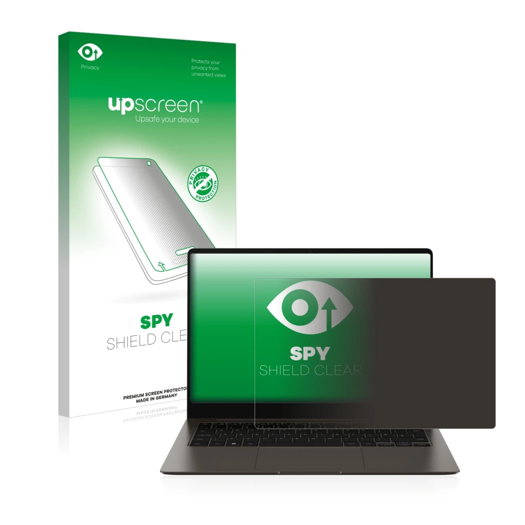 Face avant d’un emballage produit avec le logo de la marque upscreen. À côté, l’appareil Samsung Galaxy Book3 Pro 14