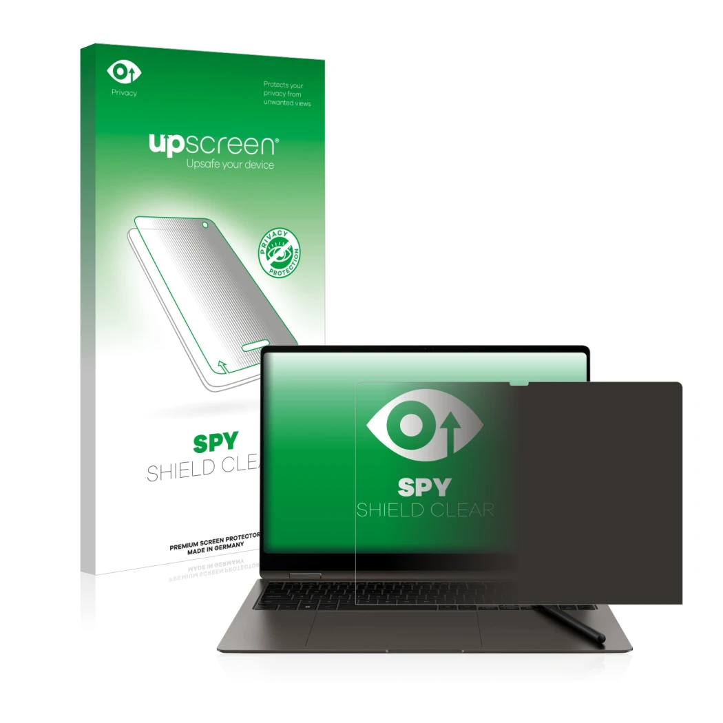 Face avant d’un emballage produit avec le logo de la marque upscreen. À côté, l’appareil Samsung Galaxy Book3 Pro 360 16